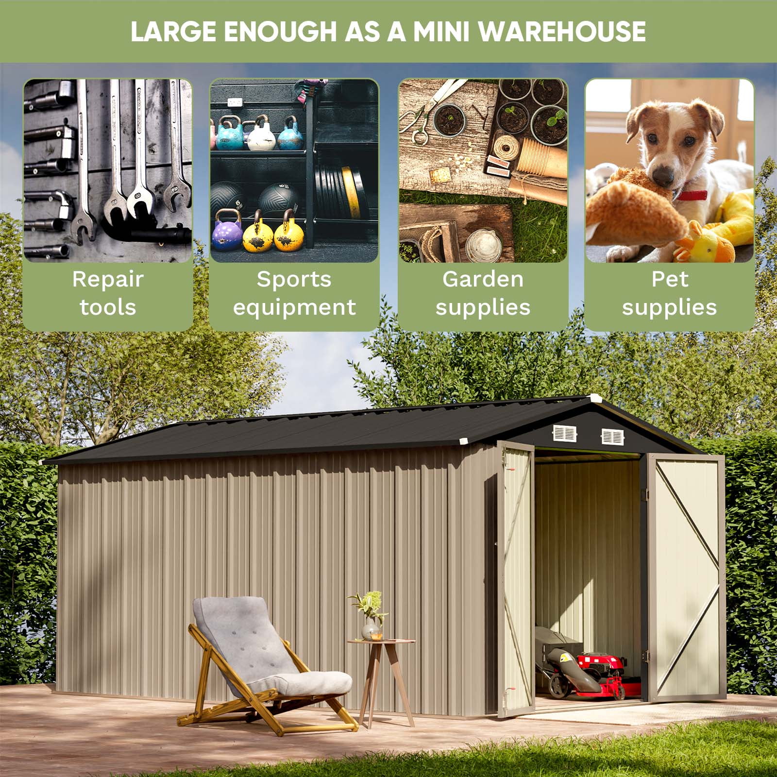 Patiowell 8' x 12' Metal Storage Shed, Lockable Steel Garden Shed for Outdoor Tools & Utility, Brown