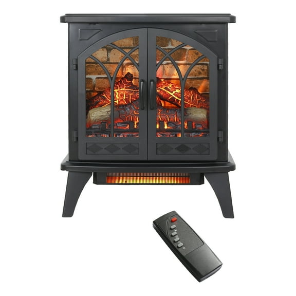 Electric Indoor Fireplaces, 24 inch 3D Flame Electric Infrared Quartz Fireplace Stove with remote control, Antique Black Indoor Fireplaces,Tempered Glass Sheet Metal Fireplace Tools Set