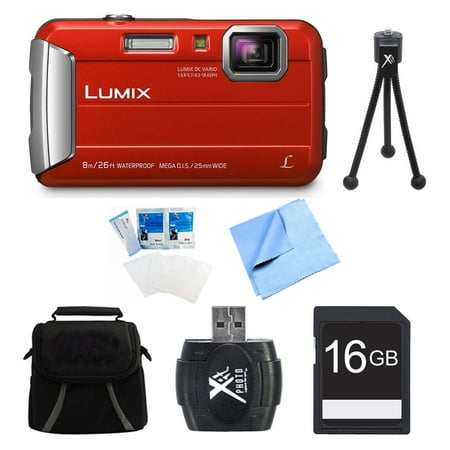 Panasonic LUMIX DMC-TS30 Active Tough Red Digital Camera 16GB Bundle - Includes Camera, 16GB Card, Compact Bag, Card Reader, Mini Tripod, Screen Protectors, and Micro Fiber Cloth