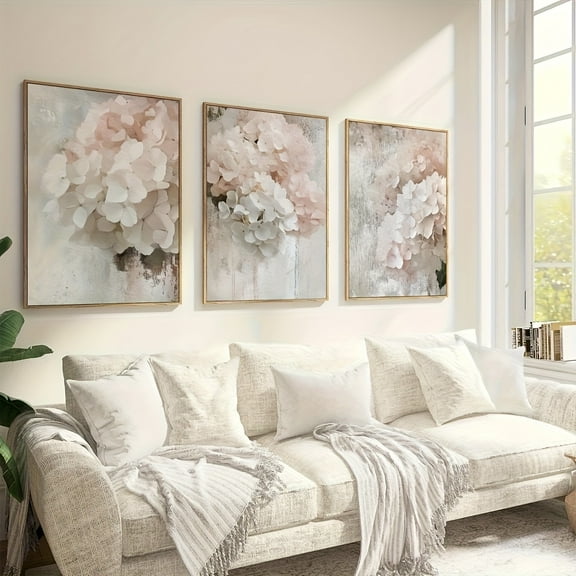 3pcs Set Pink Hydrangea Canvas Art Prints - Abstract, Bohemian Floral Wall Decor for Living Room & Bedroom, Frameless Modern Retro Simple Ink Flower Posters, Home Office Indoor/Outdoor Use, Hydrange
