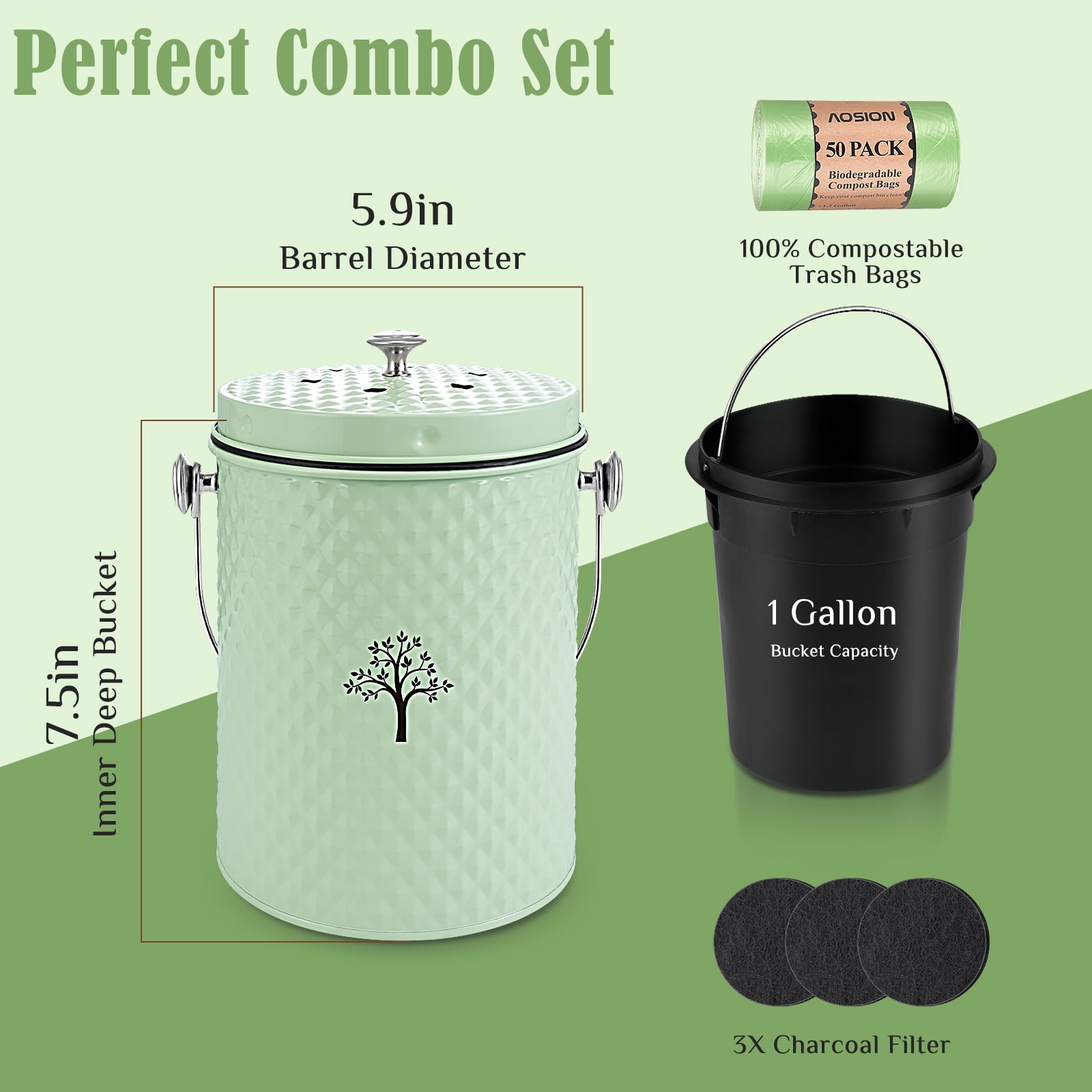 AOIOSN,Countertop Compost Bin Kitchen，Odorless Indoor Compost Bin with Lid and Compost Bags,Compost Bucket Composter Container for Food Waste,Green
