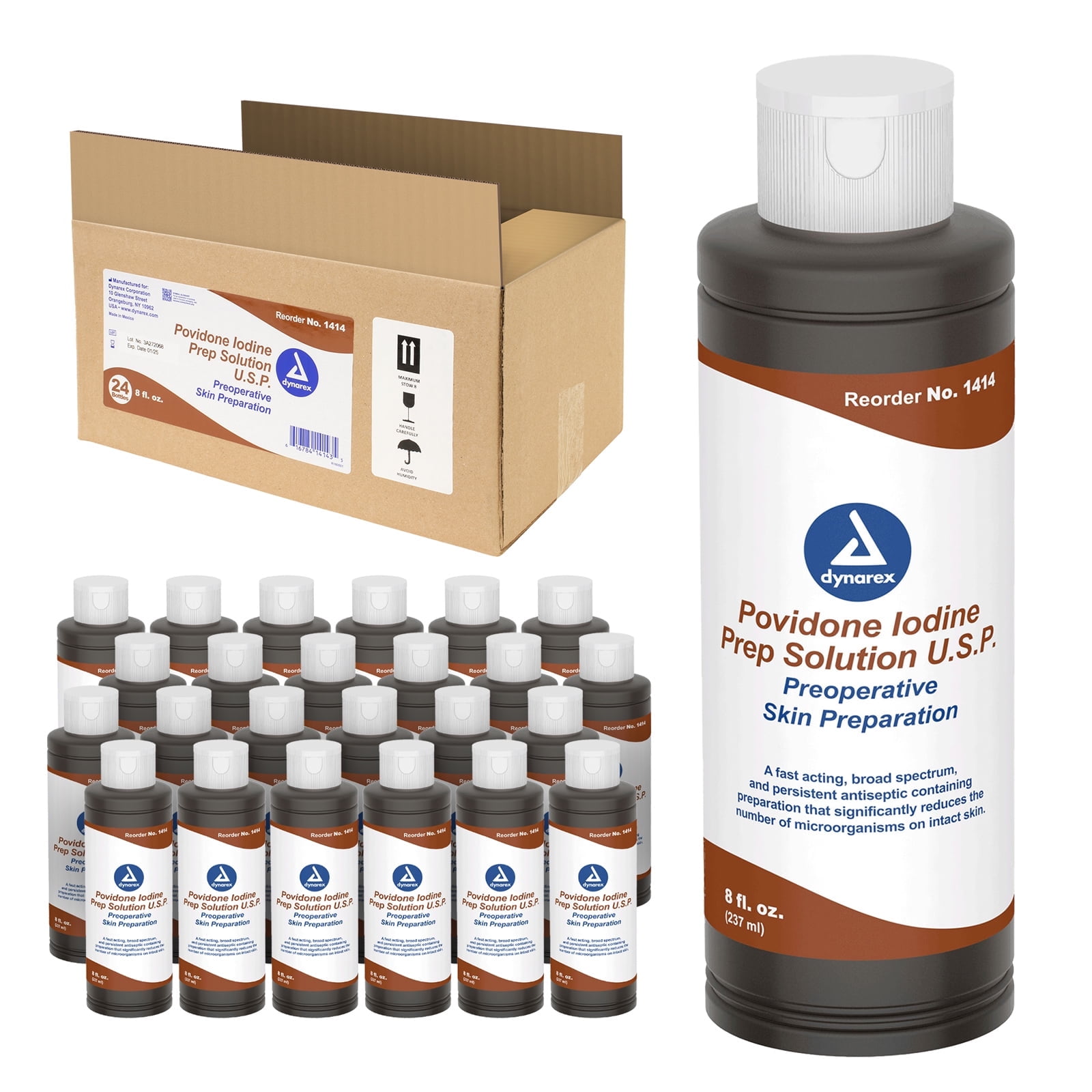 Dynarex Povidone-Iodine Prep Solution, Antiseptic Solution for Skin and Mucosa, Ideal for Surgical Site Preparation, Contains Povidone Iodine 10%,1 Case of 24 8 fl. oz. Povidone-Iodine Bottles