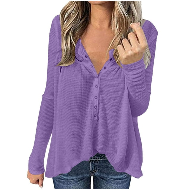 Yuyuzo Womens Long Sleeve Fall Tops Half Button V Neck Loose Fitted Shirts Comfy Textured Blouses