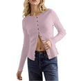 thumbnail image 1 of Aocisk Button Front Cardigan for Women Solid Color Slim Fit Long Sleeved Jacket Round Neck Knitted Ribbed Top Pink S, 1 of 9