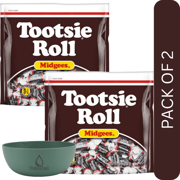 2 Pack Of Tootsie Roll Midgees, Chocolate Taffy Candy, Gluten-Free & Peanut-Free, 15 oz Bag, With Olive Green Bowl By ValueNest
