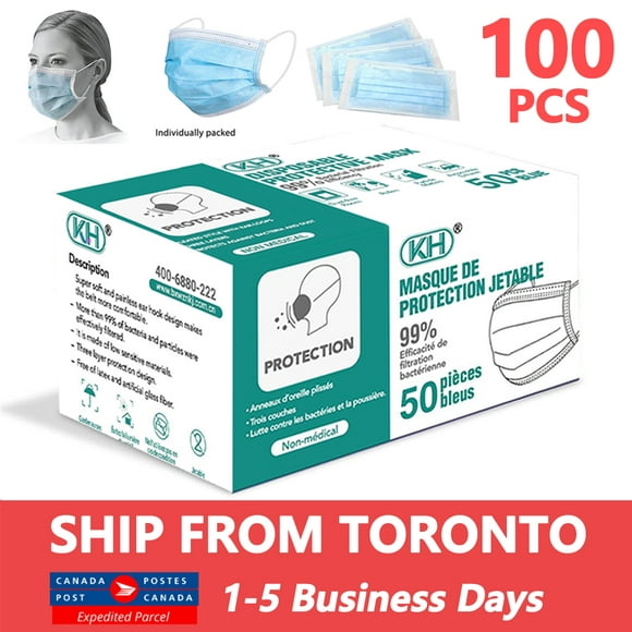 100-Piece 3-Ply Disposable Blue Face Masks SHIP FROM TORONTO
