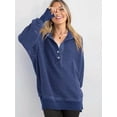 thumbnail image 5 of Women'S Oversized Long Sleeve Hoodie Button-Down V-Neck Sweatshirt Side Slit Casual Pullover Top Deep Blue L, 5 of 9
