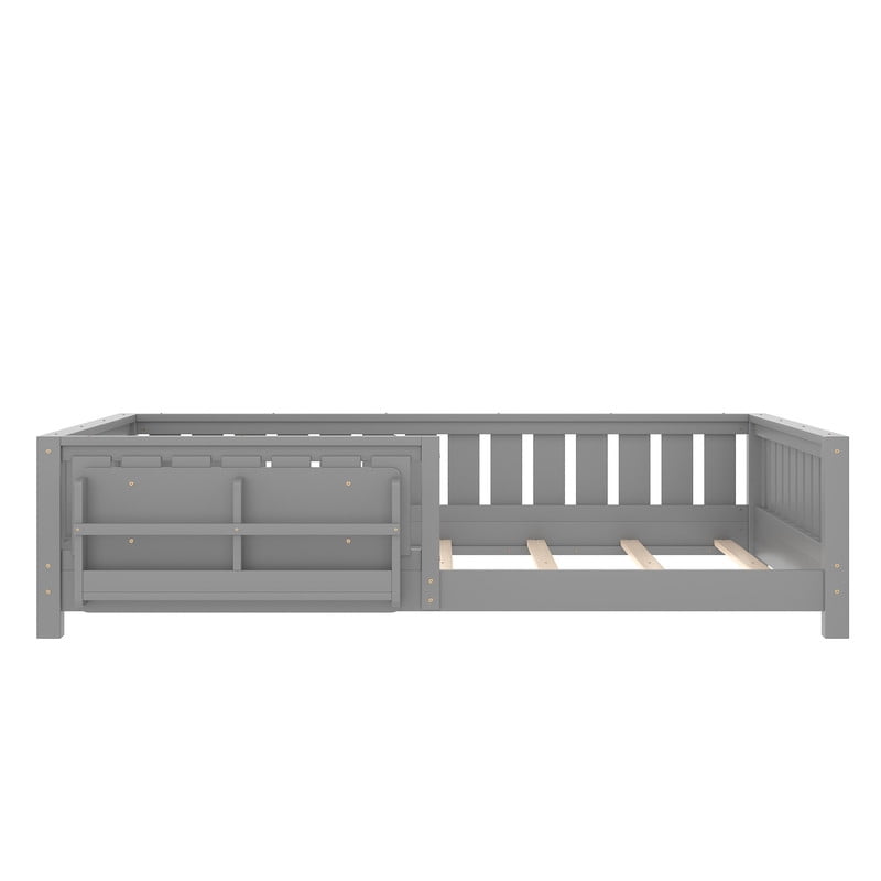 Bellemave Queen Size Floor Bed with Bookshelf, Wood Montessori Beds with Slats and Safety Guardrail, Low Profile Queen Bed Frame with Fence, No Box Spring Needed (Gray)
