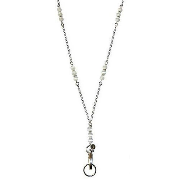 Beaded Stainless Steel Chain Women's Lanyard Necklace, 34" ID Badge Holder, Keys, Cruise, - White
