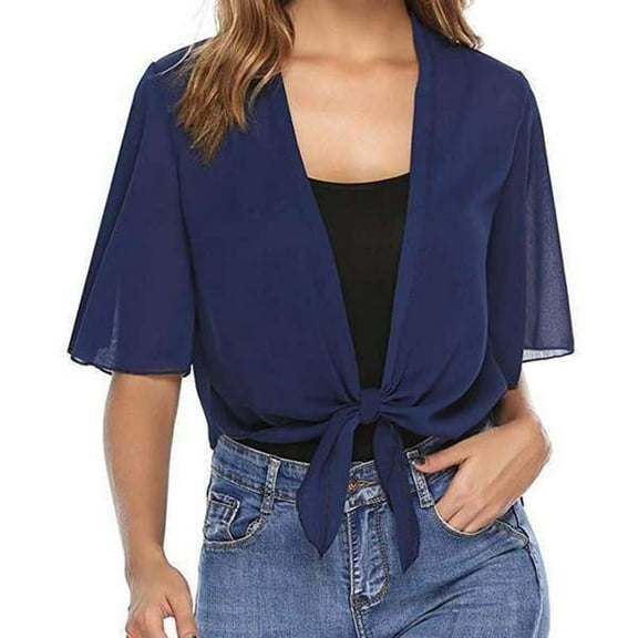 TIHLMK Cardigan Blouses Casual Cover Up Women's Summer Kimono Cardigan Short Sleeve Lightweight Chiffon Cover Up Bolero Shrug Open Front Navy Shirt