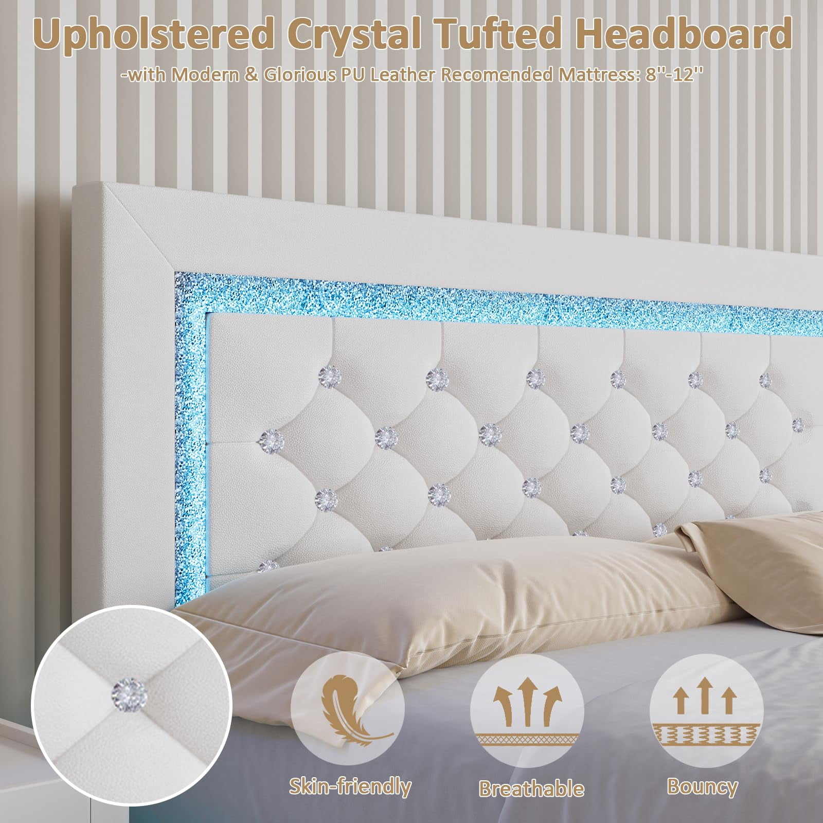 4 EVER WINNER Queen Floating Bed Frame with LED Lights, LED Upholstered Platform Bed Frame with Diamond Tufted Headboard, White LED Bed Frame for Bedroom, White