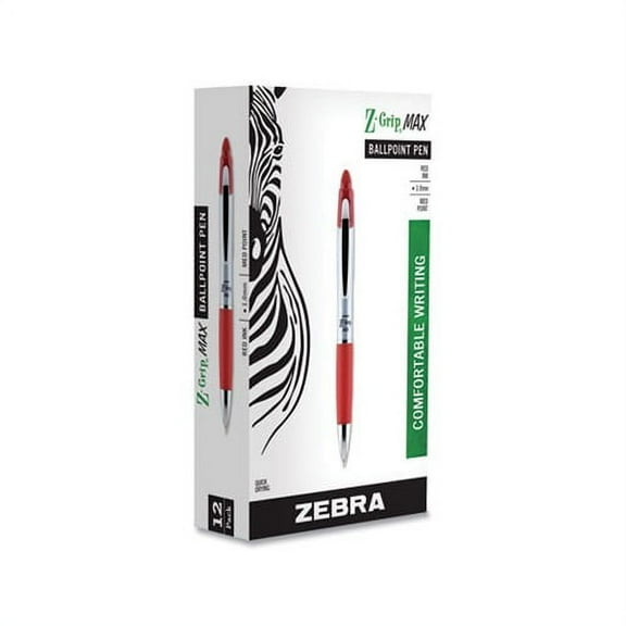 Zebra® Z-Grip™ Max Retractable Ballpoint Pens, Medium Point, 1.0 mm, Gray Barrel, Red Ink, Pack Of 12 Pens