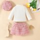 thumbnail image 5 of Conjuntos de blusas y camisas de cuello redondo y manga larga para niños Conjunto de vestido de boina y falda de manga larga con lazo y mangas acampanadas y botones Top de poliéster para niños, 5 of 8