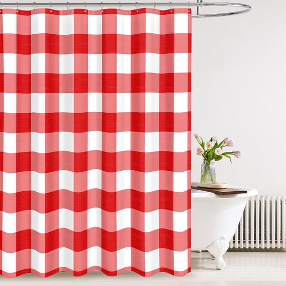 Classic Gingham Plaid 140gsm Faux Linen Fabric Shower Curtain, Red Buffalo Grid Shower Curtain Sets Decoration 72x72 Inch with Hooks