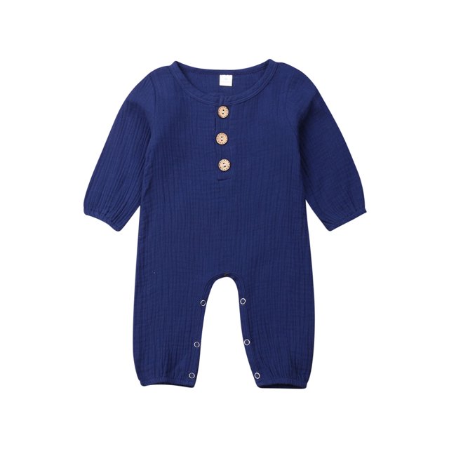 Mialoley Baby Romper, Solid Color Ribbed Button-Down Long Sleeve Round Neck Romper