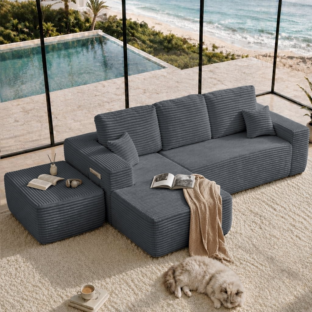 Cloud Sectional Sofa 104 Inch, U-Shape Modular Couch with Side Pockets and Deep Seating, Upholstered Living Room Sofa, No Assembly Required, Grey, Left Chaise