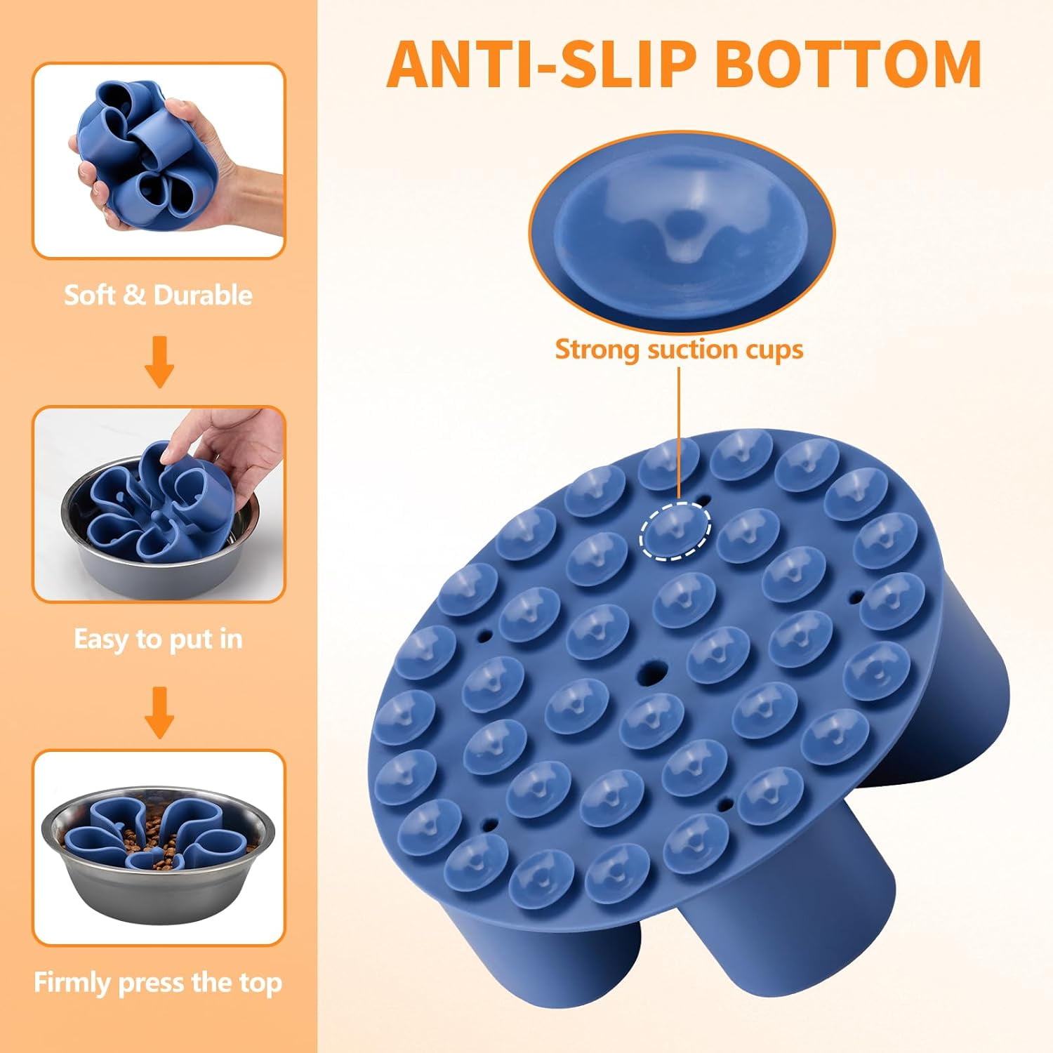 Slow Feeder Dog Bowls Insert,  Soft Silicone Slow Eating Dog Bowl Insert with Suction Cups for Small, Medium and Large Dogs(Darkblue M)