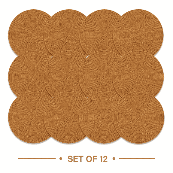 Shyamali Woven Placemats Set of 12, 16 " Round Braided Placemats for Dining Table, Heat-Resistant & Washable, Mustard