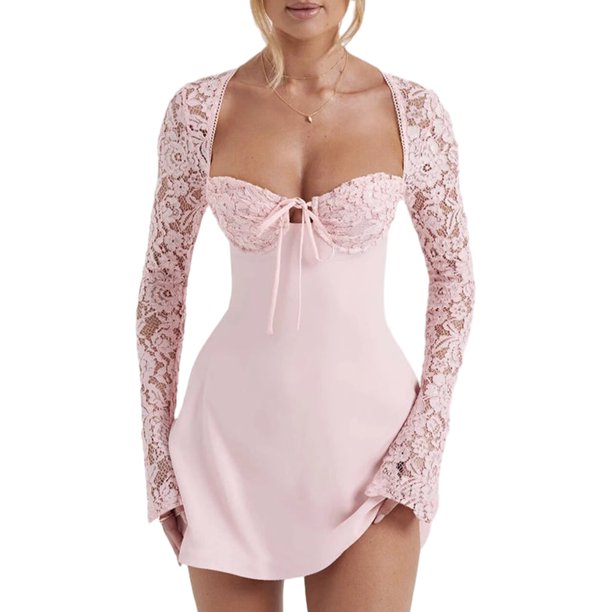 Vestido de manga larga de encaje para mujer Vestido de corte bajo Vestido para salir Kuymtek Rosa T L para Mujer