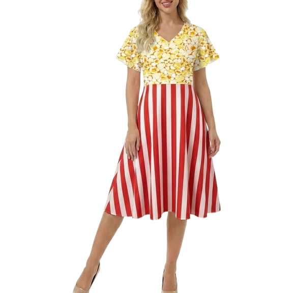 DHFJKG Womens Summer Short Sleeve Dress Funny Popcorn Print A Line Loose Fit Comfortable Midi Dress Trendy Dresses