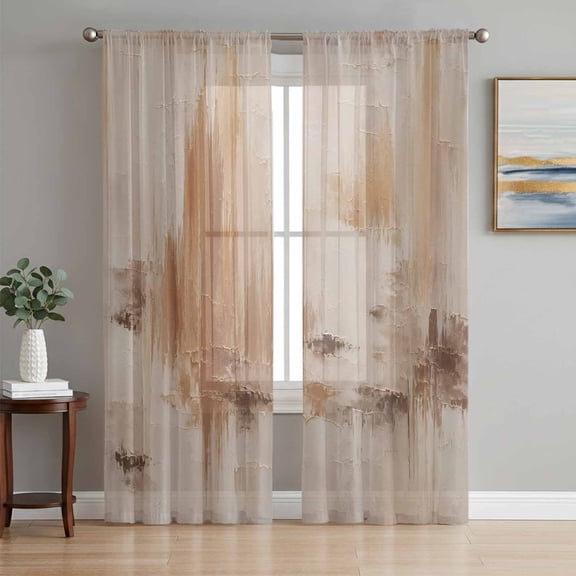 Orange Brown Modern Sheer Curtains 72 Inch Length 2 Panels Set, Abstract Contemporary Oil Painting Voile Window Treatment Rod Pocket Curtains Sheers Drapes for Bedroom/Living Room/Kitchen 52"x72"x2
