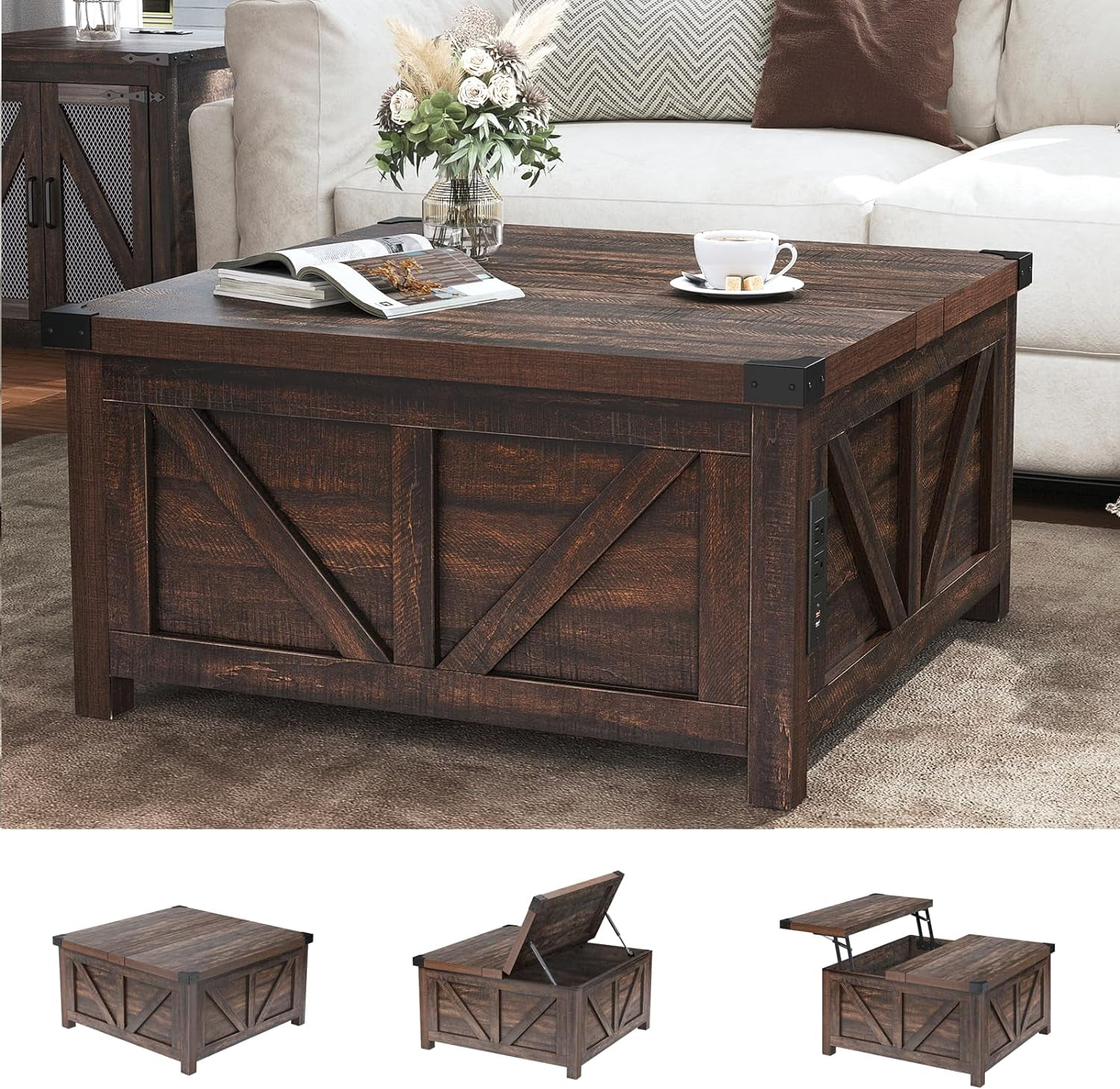ChVans 35.6" Square Lift Top Coffee Table, Farmhouse Coffee Table with Storage & Charging Ports, Wood Center Table w/Large Hidden Space for Living Room Home Office, Brown