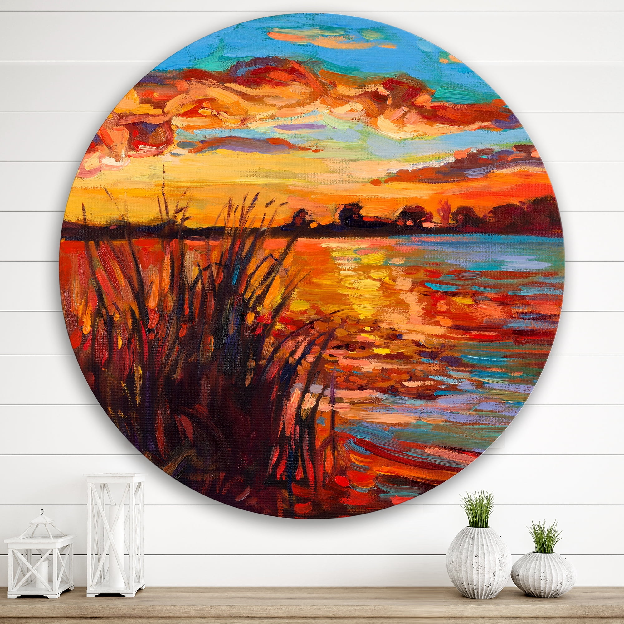 Designart 'The Lake At Sunset Evening Glow I' Nautical & Coastal Circle Metal Wall Art 29x29 - Disc of 29