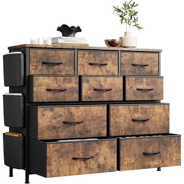 Bingirl Brun Commode de Chambre à 10 Tiroirs : Rangement en Tissu avec Poches Latérales et Crochets
