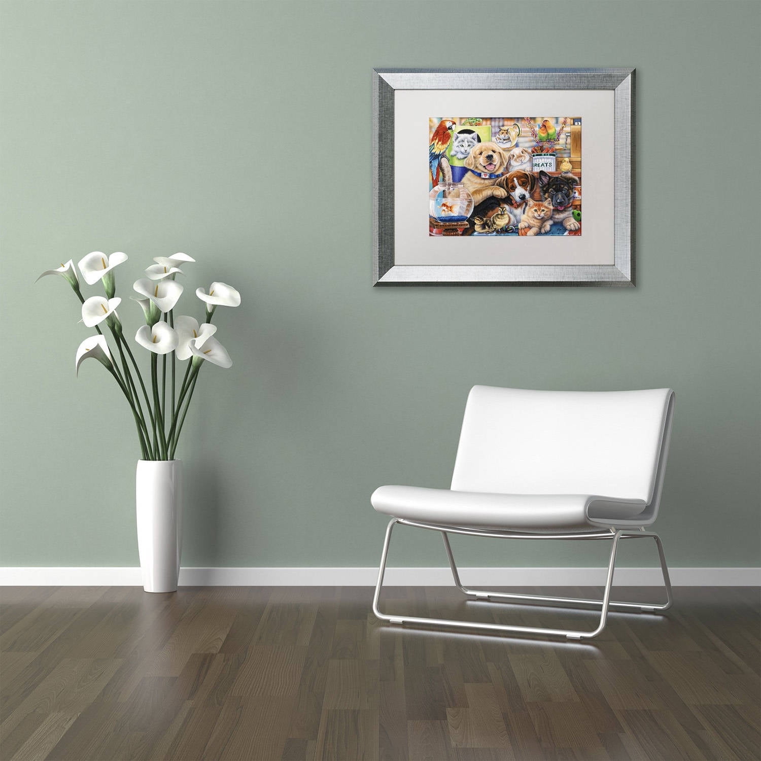 Trademark Fine Art 'Pet Shop' Canvas Art by Jenny Newland, White Matte, Silver Frame