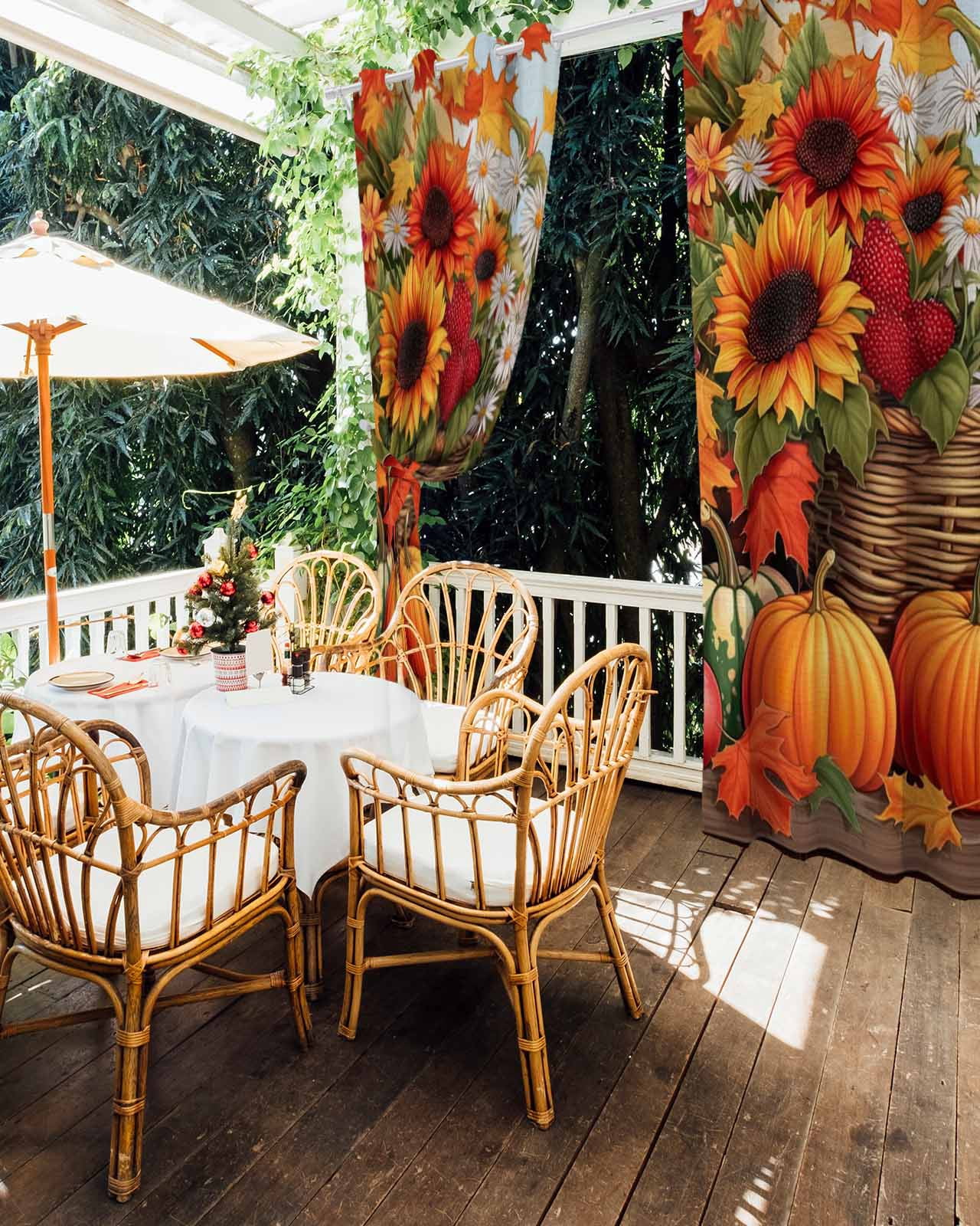 Outdoor Curtains for Patio, Orange Pumpkins Fall Waterproof Blackout Outside Curtain for Porch/Pergola/Gazebo, Watercolor Sunflower Botanical Thermal Insulated Drapes, 2 Panels, 54 x 84 Inch