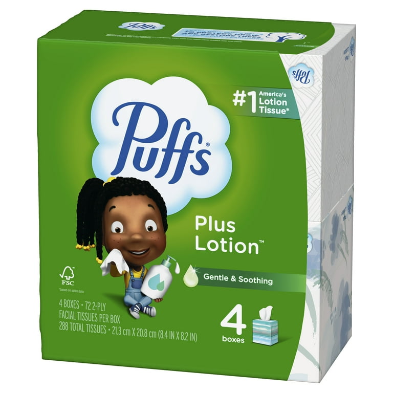 Puffs Plus Lotion Facial Tissue, 2 Mega Cube, Green, 72 Tissues per Box 