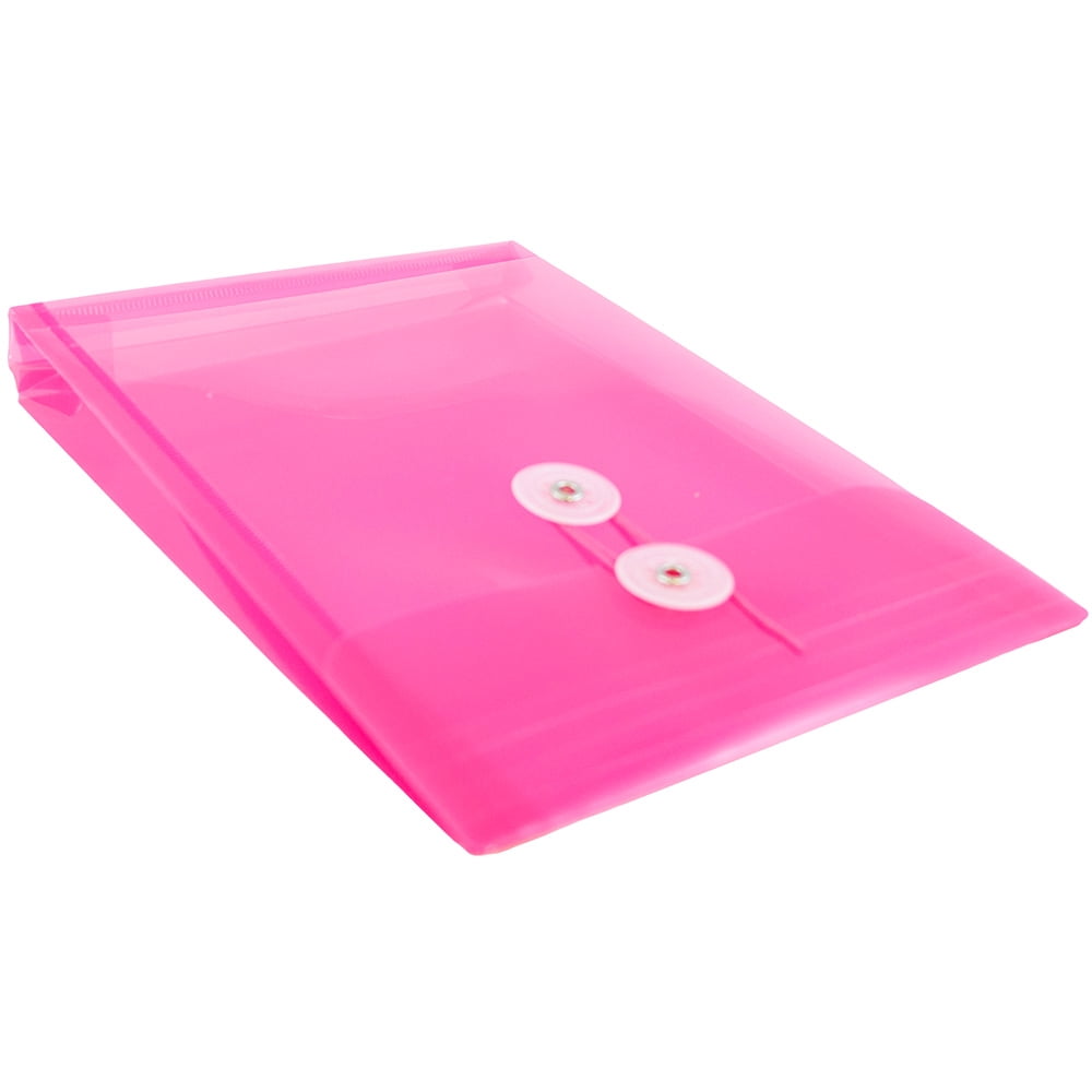 JAM Paper Plastic Envelopes with Button & String Tie Closure, 6 1/4 x 9 1/4, Fuchsia Pink, 3/Pack