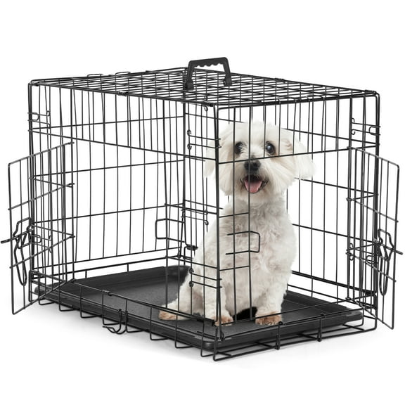 GIANNA Dog Cage Pet Crate for Dogs 24 Inch Folding Metal Pet Cage Double Door W/Divider Panel Indoor Outdoor Dog Kennel Leak-Proof Plastic Tray Wire Animal Cage