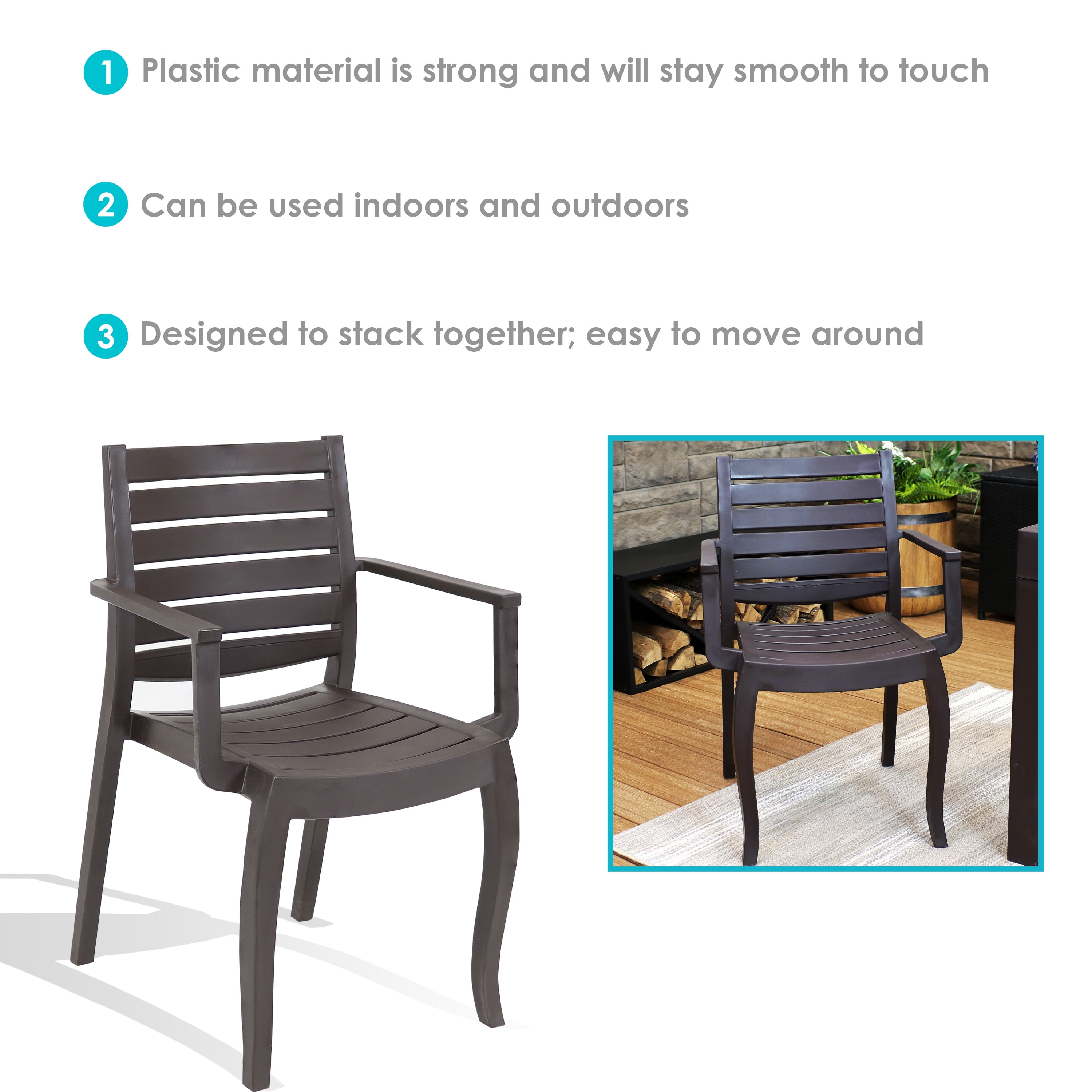 Sunnydaze Decor - Brandclub - Sunnydaze Illias Plastic Outdoor Stackable  Dining Chair - Set of 4, Brown, image size:3000x3000
