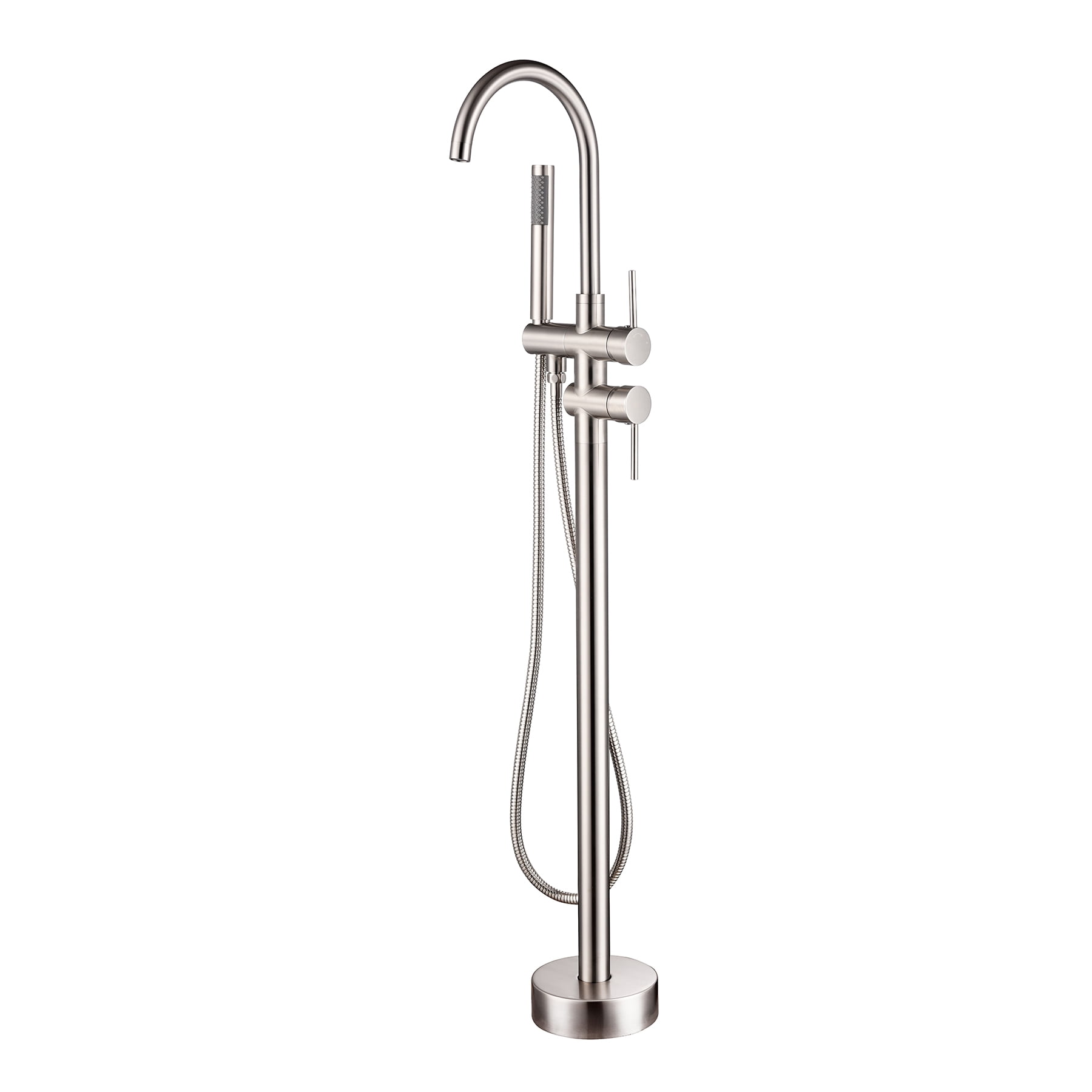Freestanding Bathtub Faucet Floor Mount Tub Filler Single Handle Stainless Steel Standing Bathtub Tap with Handheld Spray Swivel Right Angle Spout Brushed Nickel
