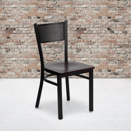 BizChair 2 Pk. Black Grid Back Metal Restaurant Chair - Mahogany Wood Seat