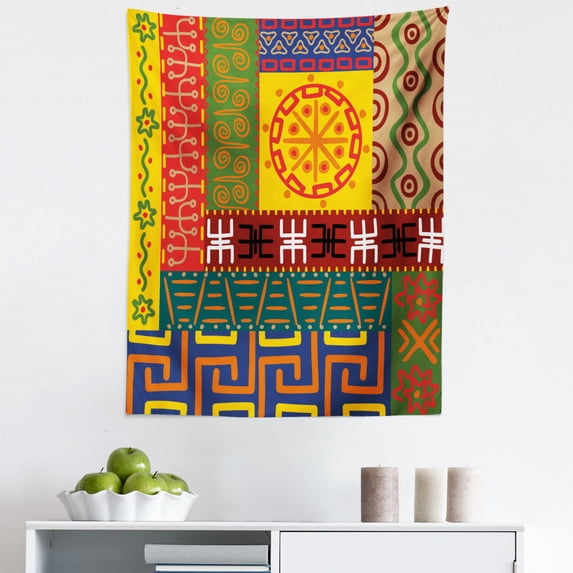 Tribal Tapestry, Abstract Patterns Ornaments Indigenous Style Illustration, Fabric Wall Hanging Decor for Bedroom Living Room Dorm, 5 Sizes, Yellow Green, by Ambesonne