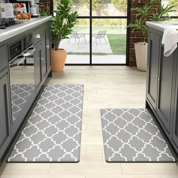 OEAKAY Kitchen Rugs and Mats 2 Piece Set,17.7"x29.5" 17.7"x59" Anti Fatigue Runner Rug Waterproof Memory Rug Cushioned Standing Mat,Light Gray