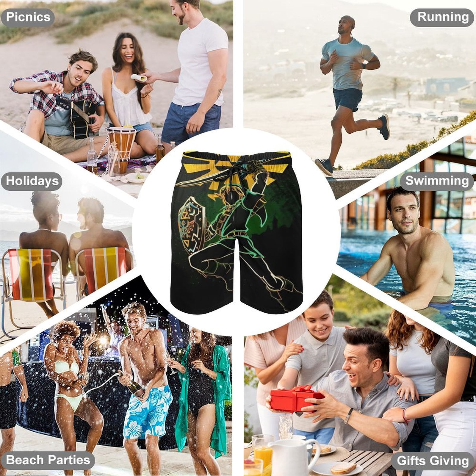 The Legend of Zelda Men's Shorts Quick Dry 3D Printed Beach Men's Swim Trunks with Pockets Mesh Lining Bathing Beachwear M