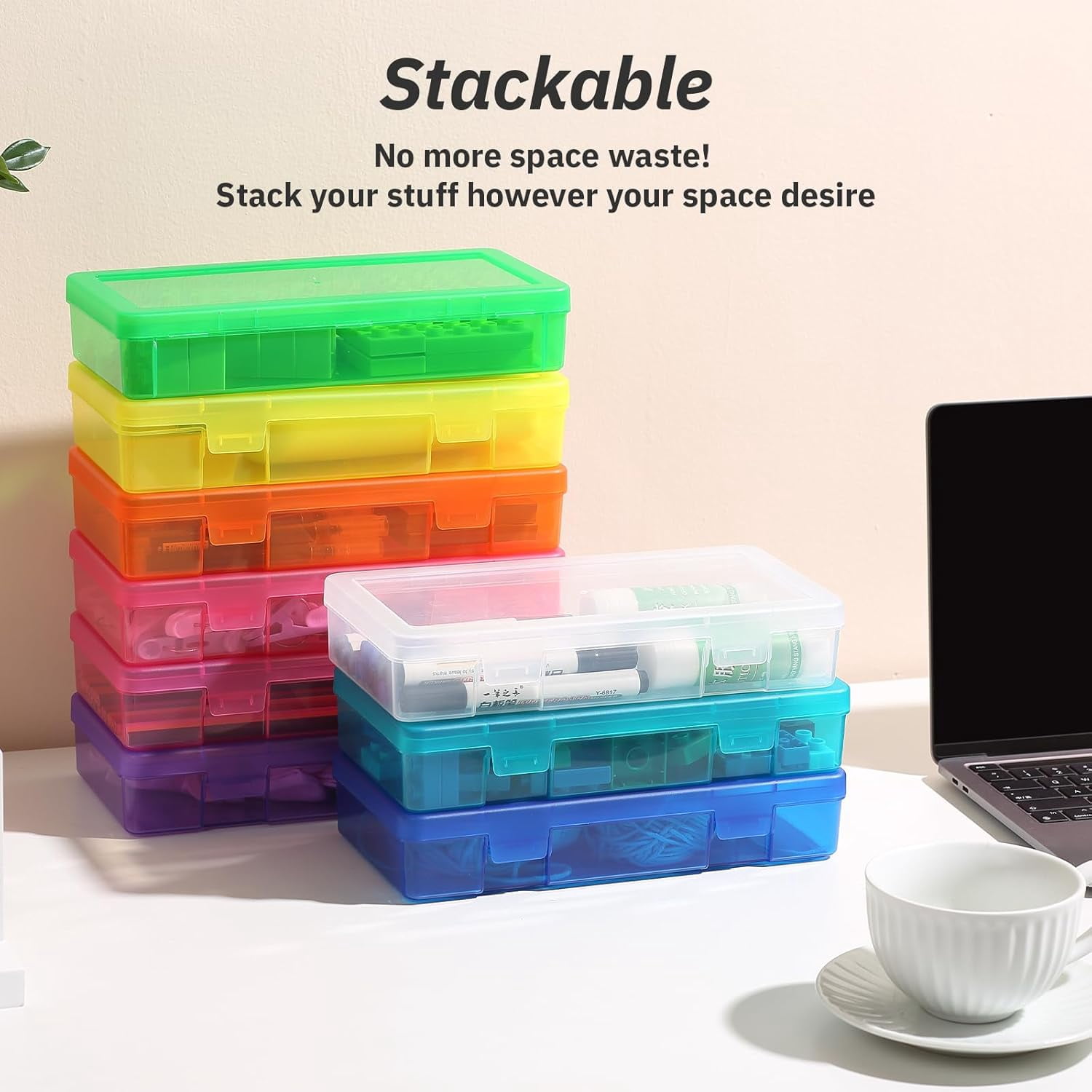 Plastic Small Storage Bins with Lids for Organizing, Mini Clear Storage Containers and Stackable Storage Box Organizer for Pencil Boxes, Task Boxes, Crayon Boxes (9 Pack Medium -Color)