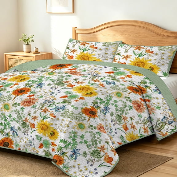 FIVERAM Sunflower Bedspreads for Queen Size Bed,3-Piece Floral Quilt Sets Reversible,Soft Microfiber Lightweight Bed Coverlet Sets for Women Bedroom Decor