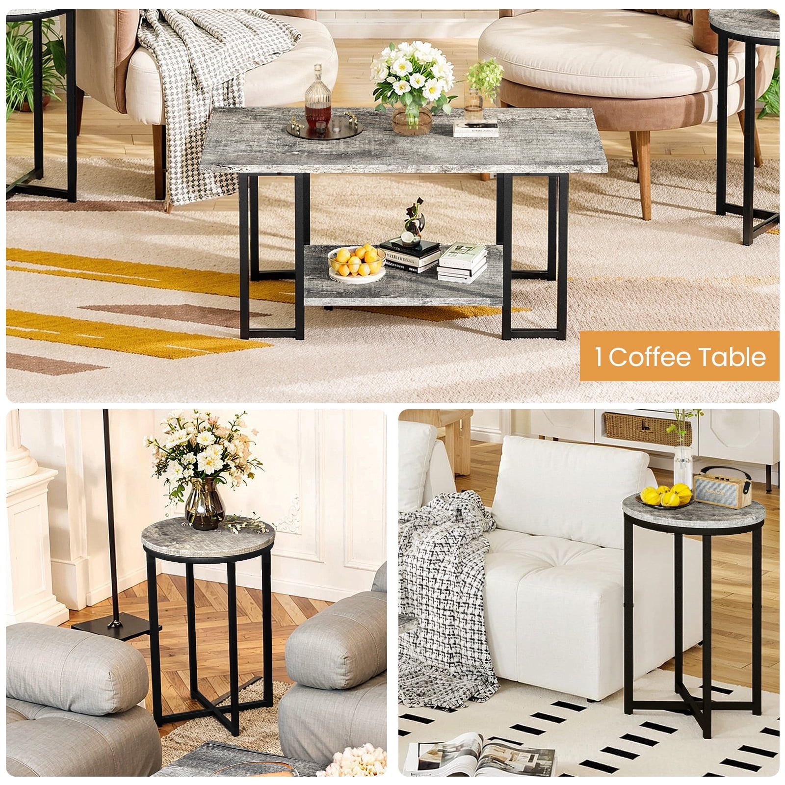 Baxluxe Coffee Table Set of 3, Faux Marble Coffee Table with 2 Round End Side Tables, Modern Living Room Table Set with Metal Frame for Apartment Home Office Small Place, Gray
