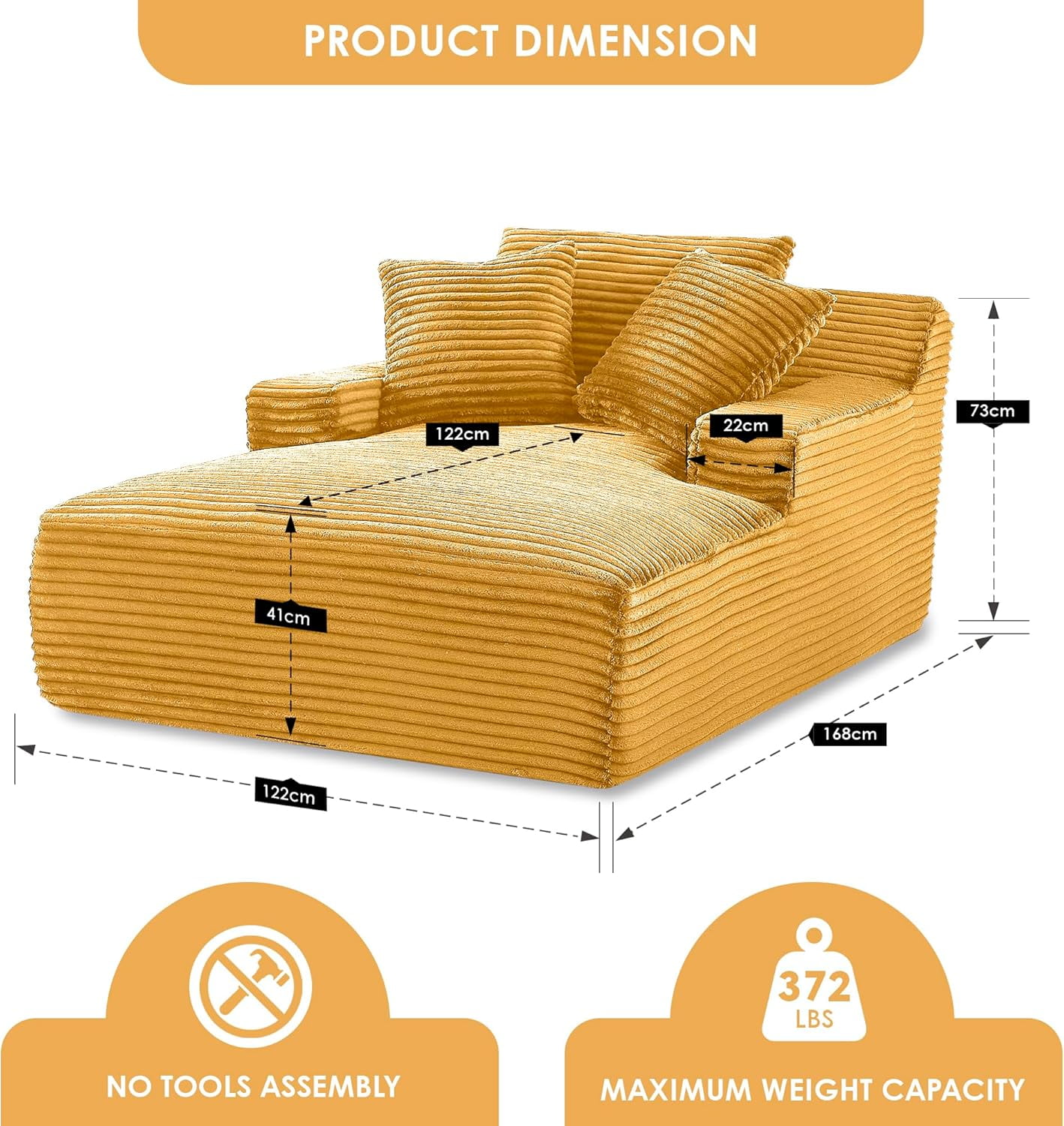 US Pride Furniture Oversized Cozy Corduroy, Foam Comfy Couch with 3 Throw Pillows, No Assembly Sleeper Sofabed for Living Room or Bedroom,Gold