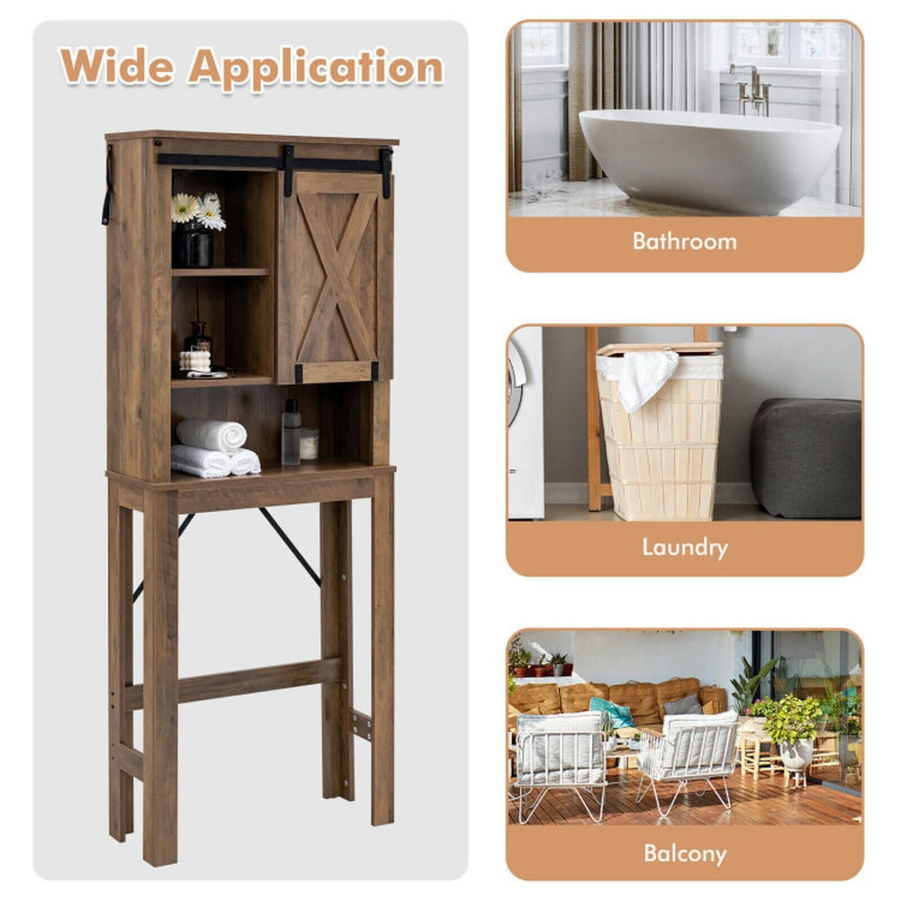 Finihen Toilet Storage Cabinet, Bathroom Cabinet Organizer, Wooden Bathroom Storage Cabinet with Sliding Barn Door and 3-level Adjustable Shelves, for Bathroom, Rustic Brown