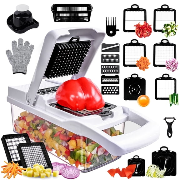 25 in 1 Vegetable Chopper, Food Chopper with Container & Drain Basket, Multi-Function Food Chopper Vegetable Slicer with 13 Blades, for Onion, Salad Garlic Carrot Egg