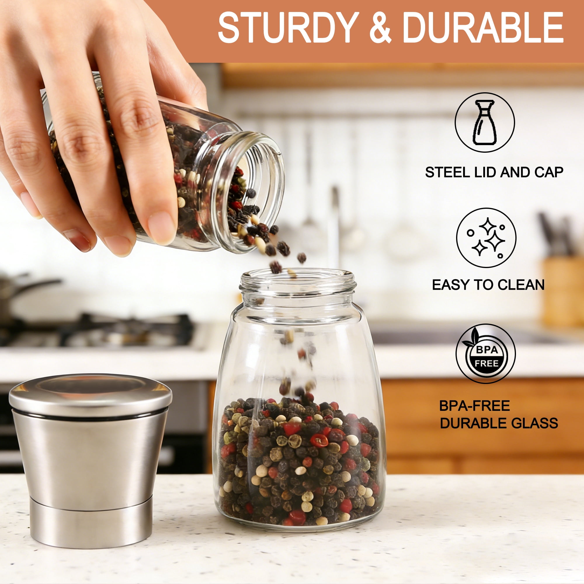 2 Pack Salt and Pepper Grinder Set, Adjustable Coarseness Stainless Steel Spice Mills, Manual Spice Grinders for Sea Salt Black Pepper Spices
