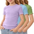 thumbnail image 3 of KyCheLot 3 Pack Ribbed Knit Tops for Girls Crew Neck Solid Color Short Sleeve T-Shirts Trendy Ruffle Trim T-Shirts, 3 of 5