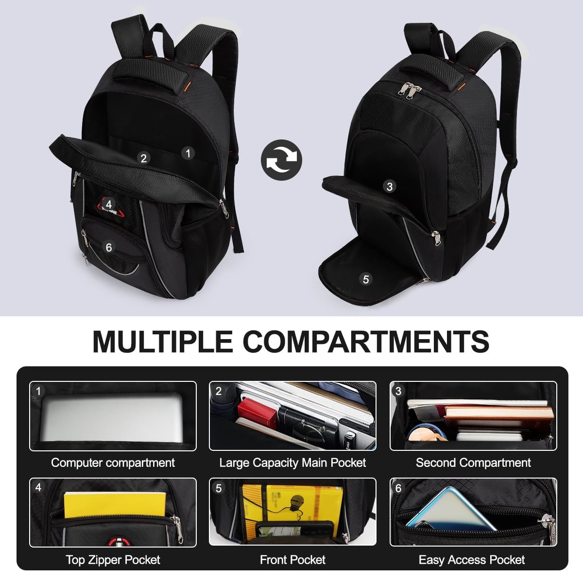 Extra Large Travel Backpack with Laptop Pocket,35L Lightweight Travel Work College School Bag for Men and Women,Black,06512