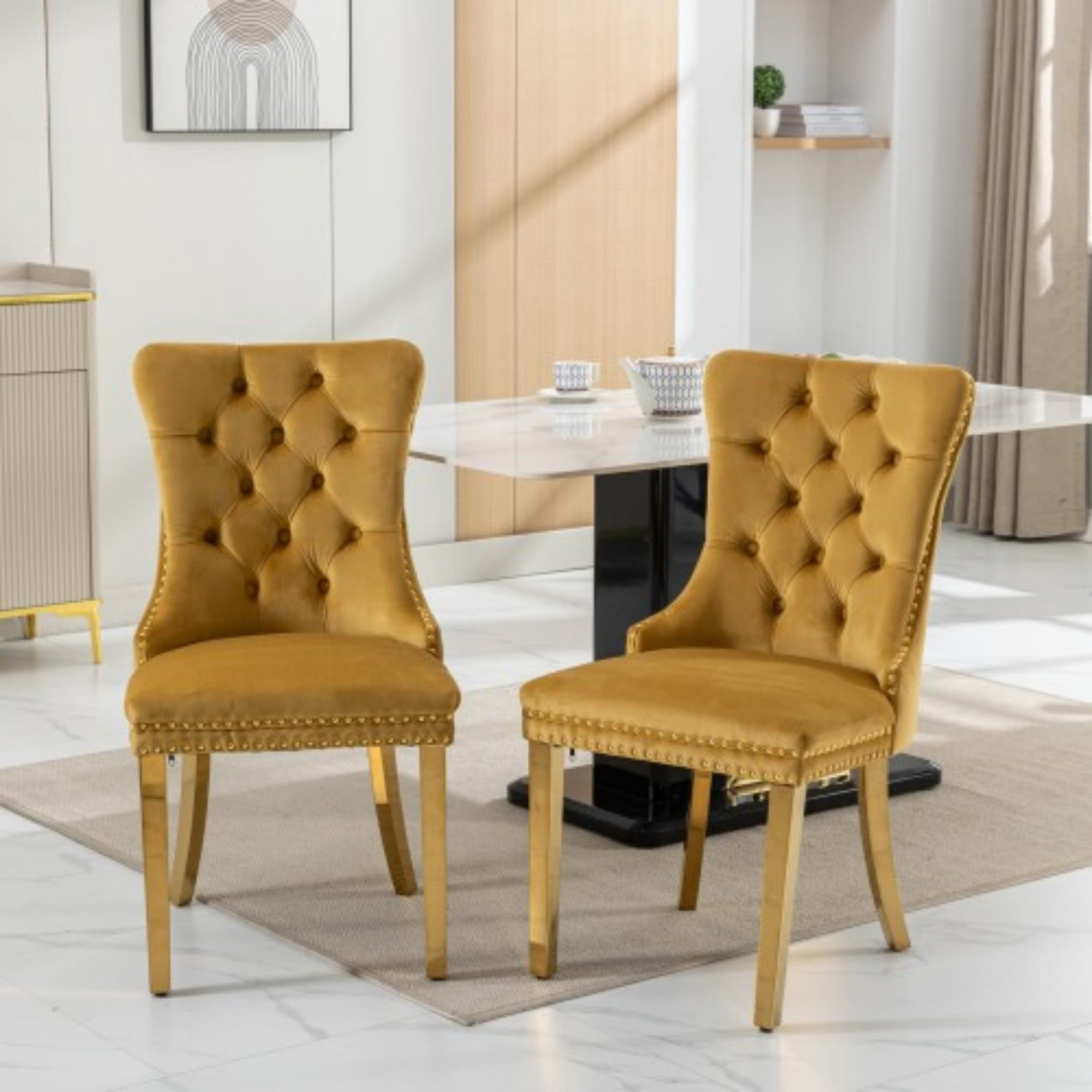 BSHTI 37.5" Velvet Upholstered Dining Room Chairs Set of 2, Modern Tufted Parson Chairs with Nailhead Trim, Foam Padded Seat for Dining Room/Kitchen(Gold)