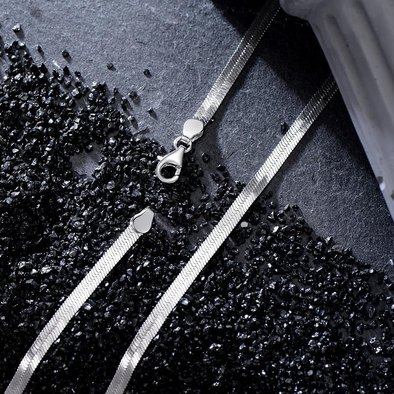 925 Sterling Silver Herringbone Chain 2MM 3MM Flexible Flat Italian Snake Chain Necklace for Women Men 18, 20, 22, 24, 26 Inches